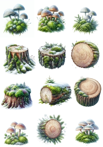 Snowy Stumps & Mushrooms – Winter Forest Collage Panel (A4 JPEG)