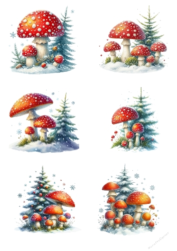 Snowy Toadstools – Winter Mushroom Collage Panel (A4 JPEG)