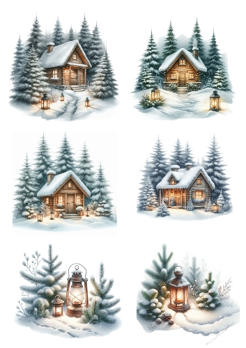 Lantern Glow – Snowy Cabin & Pine Collage Panel (A4 JPEG)