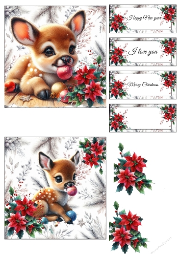 Festive Fawn & Holiday Labels – Christmas Collage Panel (A4 JPEG)