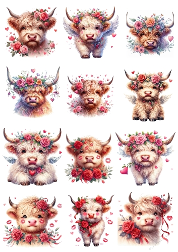 Romantic Highland Herd – Love-Themed Cow Collage Panel (A4 JPEG)