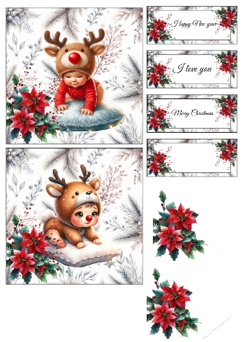 Baby Reindeer – 2 Easy 3D Christmas Cards on A4 (JPEG)