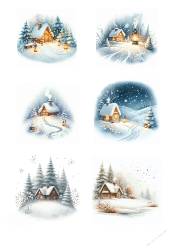 Snowy Retreats – Winter Cabin Collage Panel (A4 JPEG)