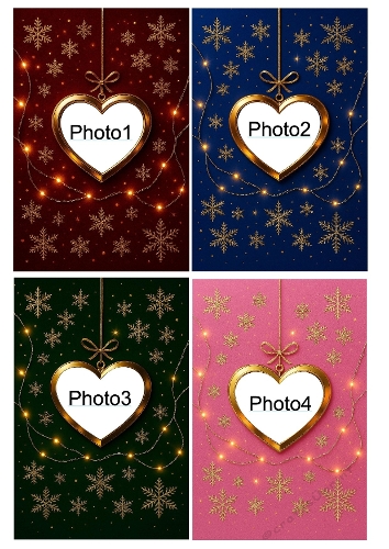 Set of 4 Customizable Christmas Cards with Golden Heart Frame