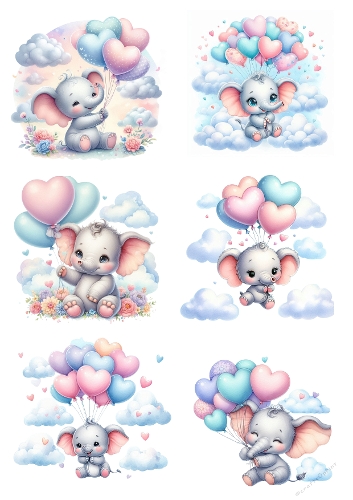 Baby Elephant Collage – A4 JPEG with Pastel Balloons and Floral Clouds