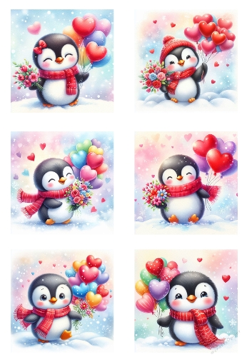 Valentine Penguin Collage – A4 JPEG with Heart Balloons and Snowy Love Scenes