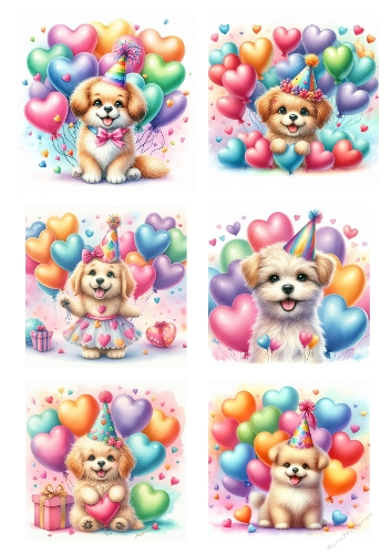Celebration Puppy Collage – A4 JPEG with Balloons, Gifts, and Party Hats