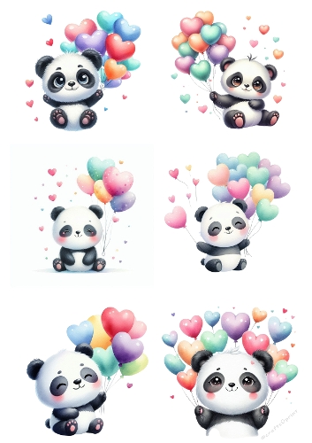 Panda Love Collage – A4 JPEG with Heart Balloons and Cute Expressions
