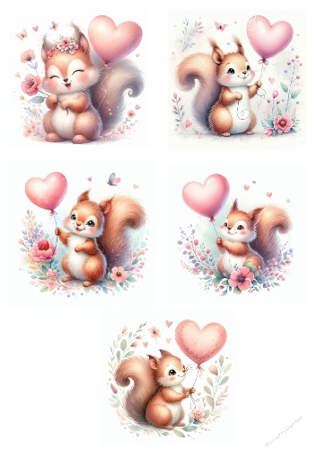 Love Squirrel Collage – A4 JPEG with Heart Balloons and Floral Butterflies