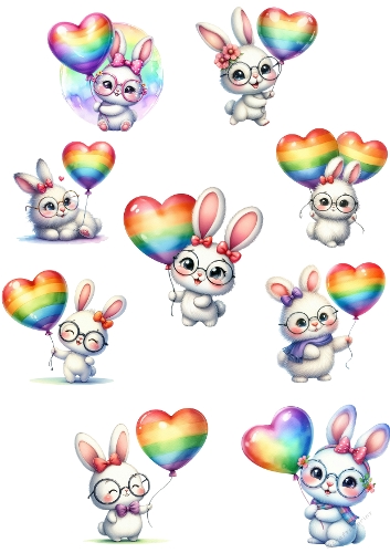 Rainbow Balloon Bunny Collage – A4 JPEG with Cute Rabbits and Heart Balloons