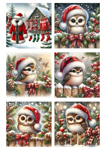 Winter Birds & Owls Collage – A4 JPEG with Santa Hats and Holiday Fence Scenes
