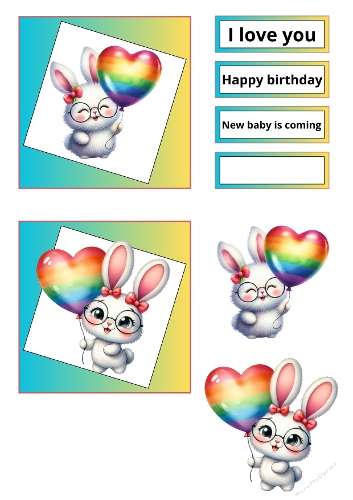 3D Bunny Balloon Card Kit – Printable A4 JPEG with 2 Foldable Designs and Custom Text Options