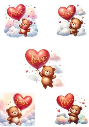 Love Bear Collage – A4 JPEG with Heart Balloons and Cloud Background