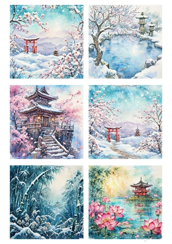 Japanese Landscape Collage – A4 JPEG with Seasonal Temples, Torii Gates & Nature Scenes