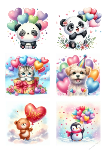 Love Balloon Animal Collage – Printable A4 JPEG with 6 Cute Characters and Heart Designs