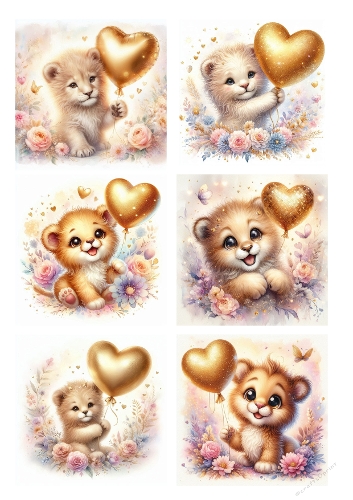 Baby Lion Love Collage – Printable A4 JPEG with Golden Heart Balloons and Floral Accents