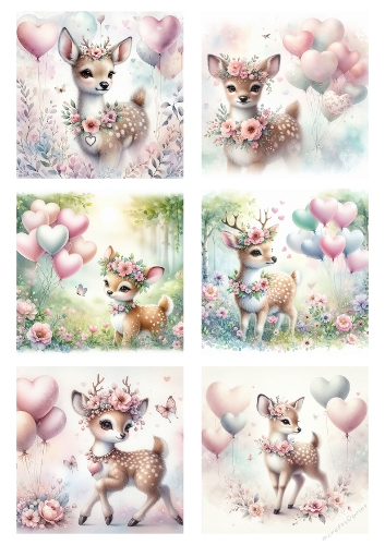 Baby Deer Love Collage – Printable A4 JPEG with Floral Crowns and Heart Balloons