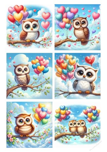 Owl Love Collage – Printable A4 JPEG with Heart Balloons and Floral Tree Branches