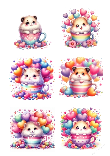 Teacup Animal Love Collage – Printable A4 JPEG with Heart Balloons and Whimsical Pets