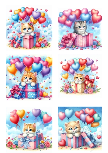 Kitten Gift Box Collage – Printable A4 JPEG with Heart Balloons and Floral Accents