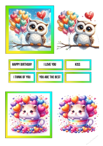 Cute Animal 3D Card Kit – Printable A4 JPEG with Owls, Teacups & Sentiment Labels