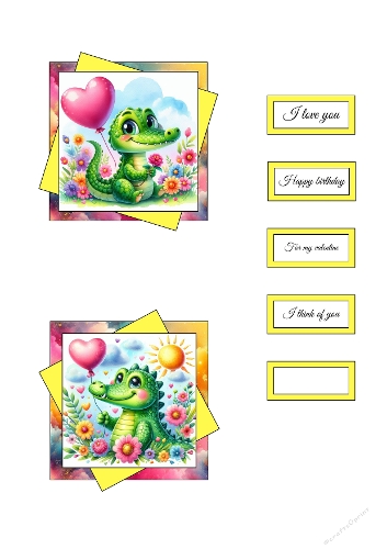 Crocodile Love Card Kit – Printable A4 JPEG with Heart Balloons and Greeting Labels