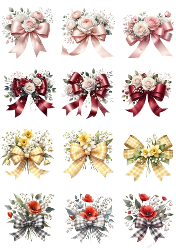 Floral Bow Collage – Printable A4 JPEG with 12 Decorative Arrangements in Seasonal Color Themes