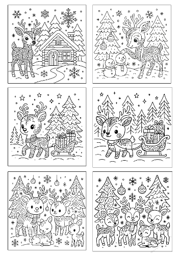 Christmas Reindeer Coloring Collage – Printable A4 JPEG with 6 Festive Winter Scenes
