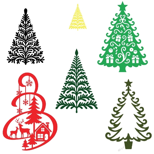 Christmas Tree Cutting File Collage – SVG & Silhouette Format with 6 Decorative Designs