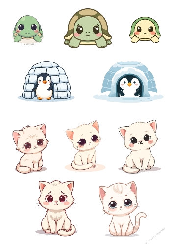 Cute Animal Collage – Turtles, Penguins, Kittens & Igloos in Whimsical Cartoon Style