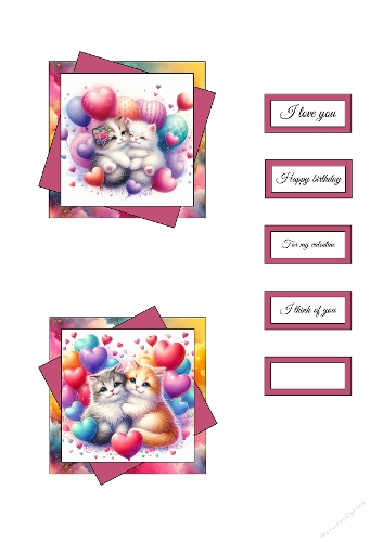 Kit – 2 3D Cards with Kittens and Heart Balloons + Romantic Labels – A4 JPEG
