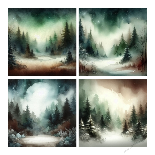 Watercolor Winter Forest Collage – Snowy Trees, Mist & Moonlight – 2000x2000 JPEG