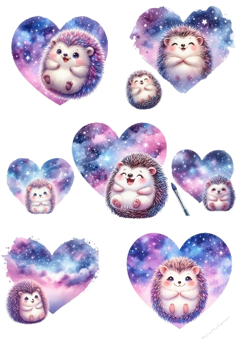 Galaxy Hedgehog Collage – Heart Frames with Cute Poses – A4 JPEG