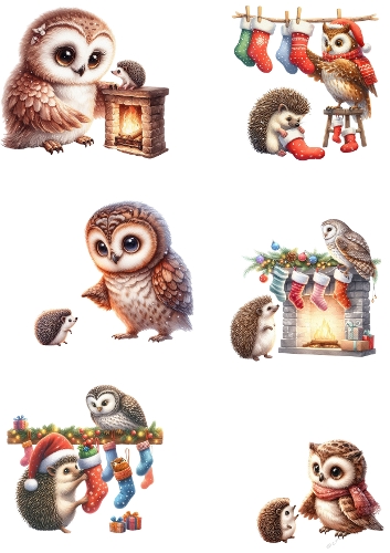 Christmas Collage – Cozy Owl & Hedgehog Scenes – A4 JPEG