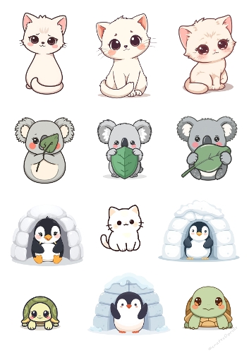 Winter Animal Collage – Kittens, Koalas, Penguins & Turtles – A4 JPEG