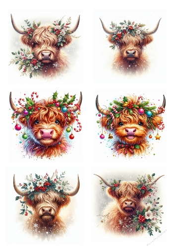 Christmas Collage – Festive Highland Cow Portraits – A4 JPEG