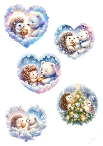 Winter Collage – Hedgehog, Polar Bear & Owl in Festive Scenes – A4 JPEG