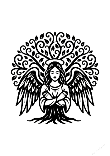 Spiritual Tree Angel – Black & White Symbolic Design – A4 JPEG