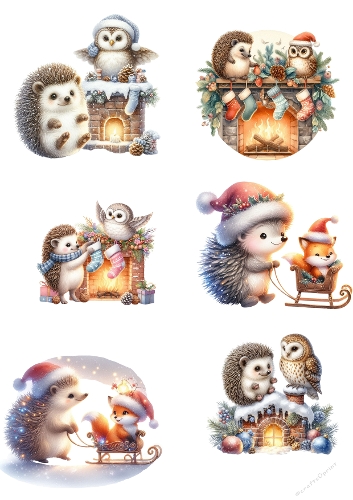 Woodland Christmas Collage – Cozy Hedgehogs and Owls – A4 JPEG