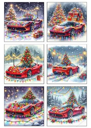 Festive Speed – Whimsical Ferrari Christmas Collage Panel (A4 JPEG)