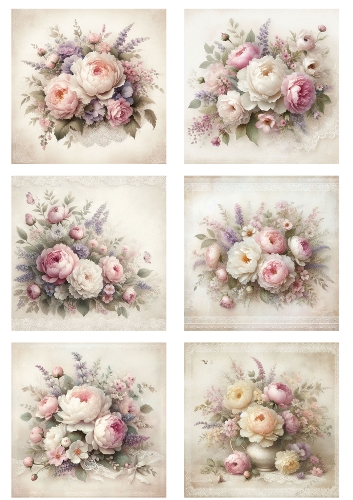 French Shabby Chic Floral Collage A4 JPEG – Peonies & Garden Roses Watercolor