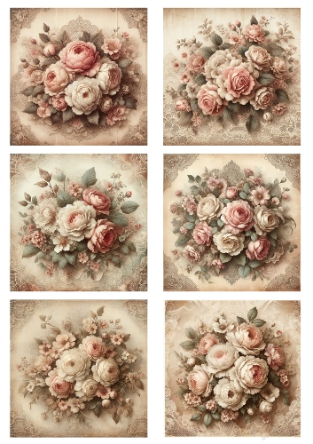 Antique Shabby Chic Roses & Peonies A4 JPEG Collage – Victorian Floral Watercolor