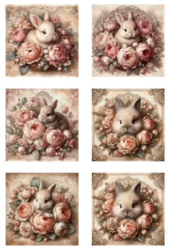 Adorable Rabbit Antique Shabby Chic A4 JPEG Collage – Victorian Watercolor Florals