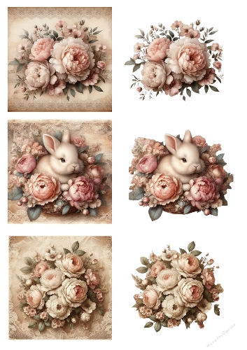 Antique Shabby Chic Floral & Bunny Mini 3D Cards A4 JPEG – Roses and Peonies Watercolor