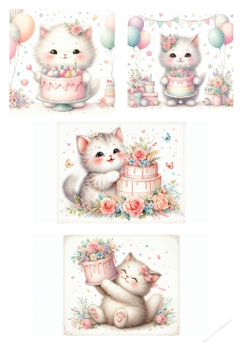 Cute Baby Kitten Watercolor Birthday Collage – Shabby Chic Cat Cake Illustrations – Printable A4 JPEG