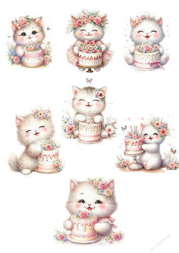 Cute Baby Kitten Watercolor Collage – Shabby Chic Cat Illustrations – 7 Adorable Cats – Printable A4 JPEG