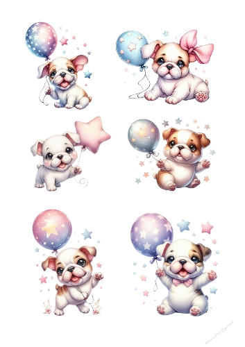 Adorable Baby Bulldog Watercolor Birthday Collage – 6 Cute Puppies – Pastel Printable A4 JPEG