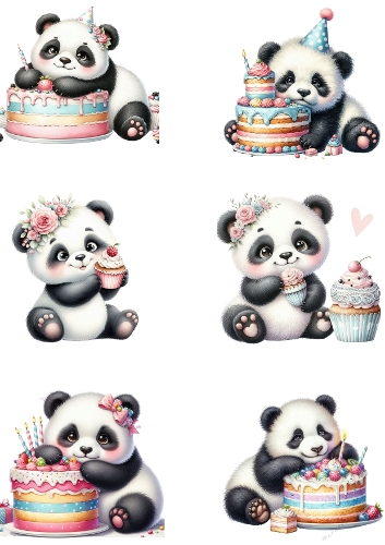 Watercolor Panda and Cupcake Collage A4 – Cute Panda Cakes Nursery Design JPEG
