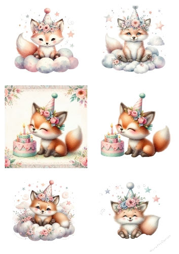 Watercolor Fox and Cake Collage A4 – Cute Fox Dessert Illustration JPEG
