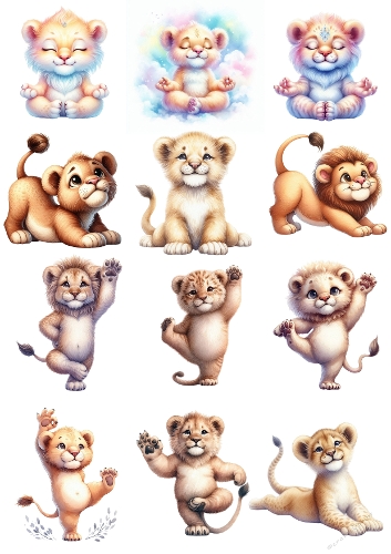 Cute Baby Lion Watercolor Collage A4 – Adorable Lion Cubs Illustration 